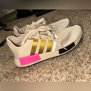 Adidas Beige and Gold Sneakers with Pink Detail